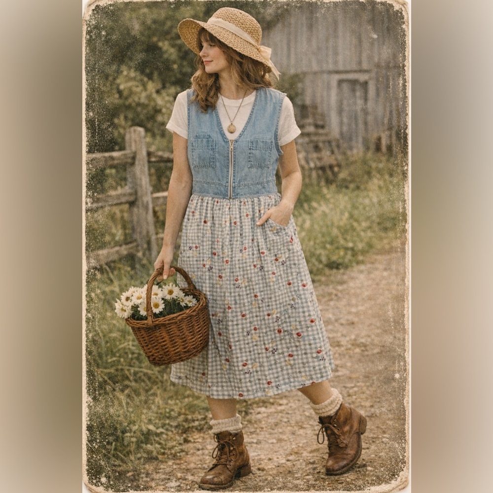 Vintage Denim & Floral Zip‑Front Dress | Made in USA |